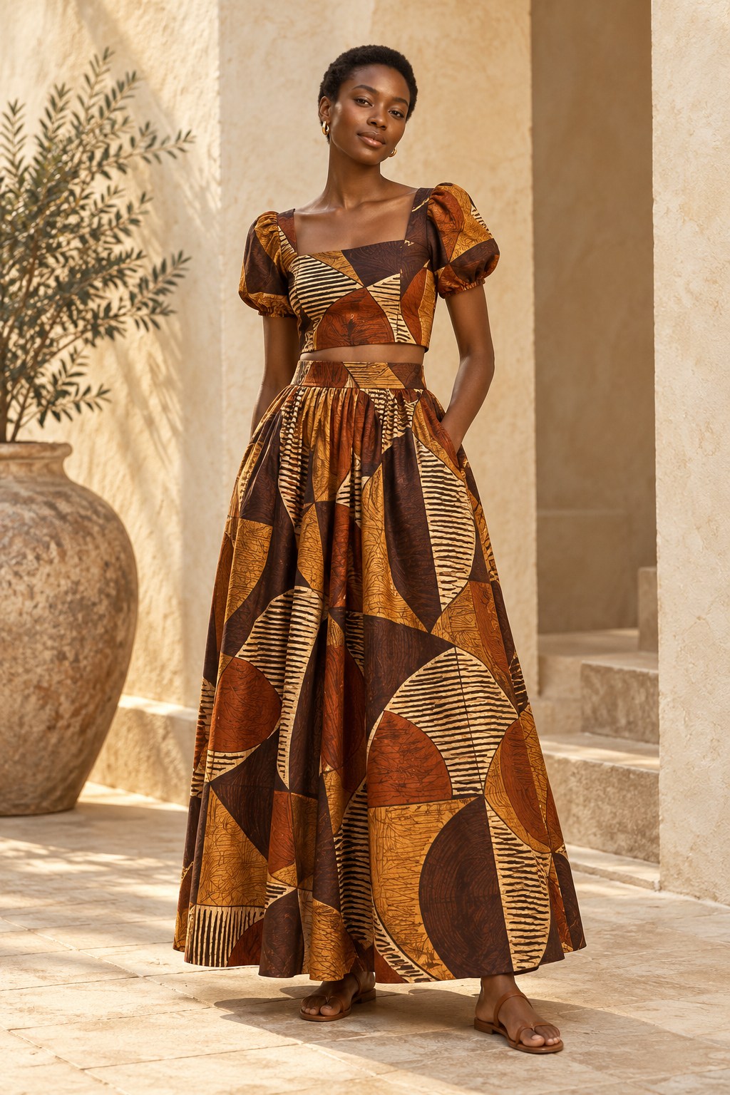 African-inspired ochre and rust print crop top and matching maxi skirt design concept