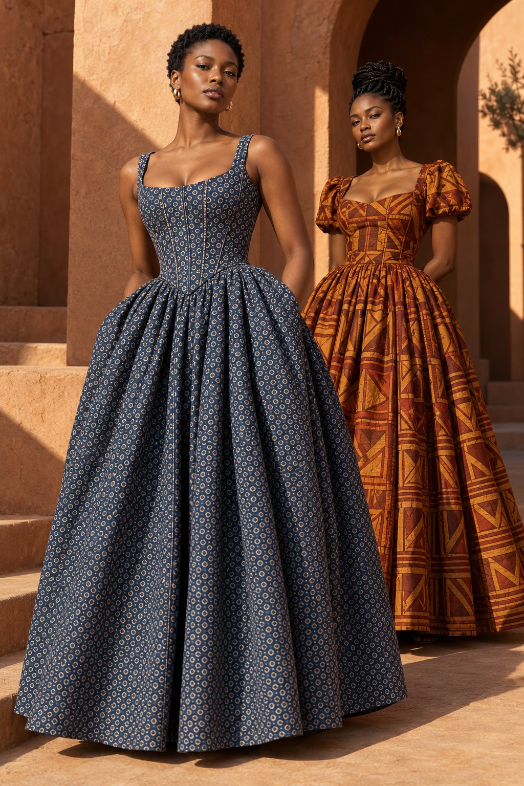 Illustrative African-inspired designs in indigo and warm ochre prints, worn by two models