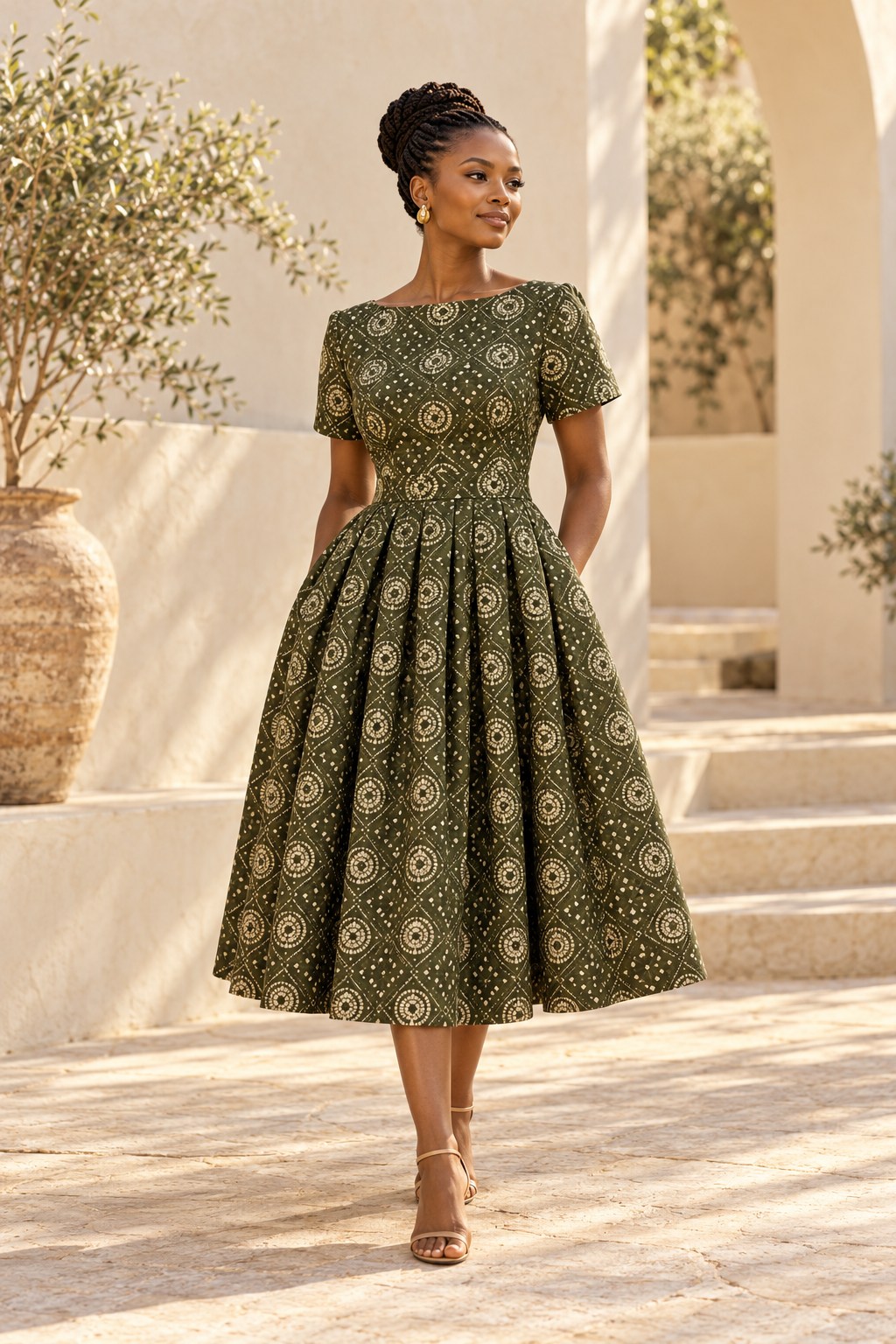 Olive and ivory geometric-print midi dress with a pleated skirt design concept